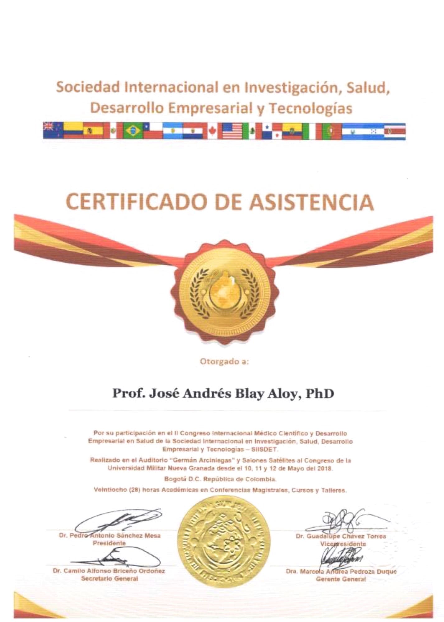 Certificado Asistencia II Congreso Internacional Médico Científico y Desarrollo Empresarial SIISDET Jose Andres Blay Aloy